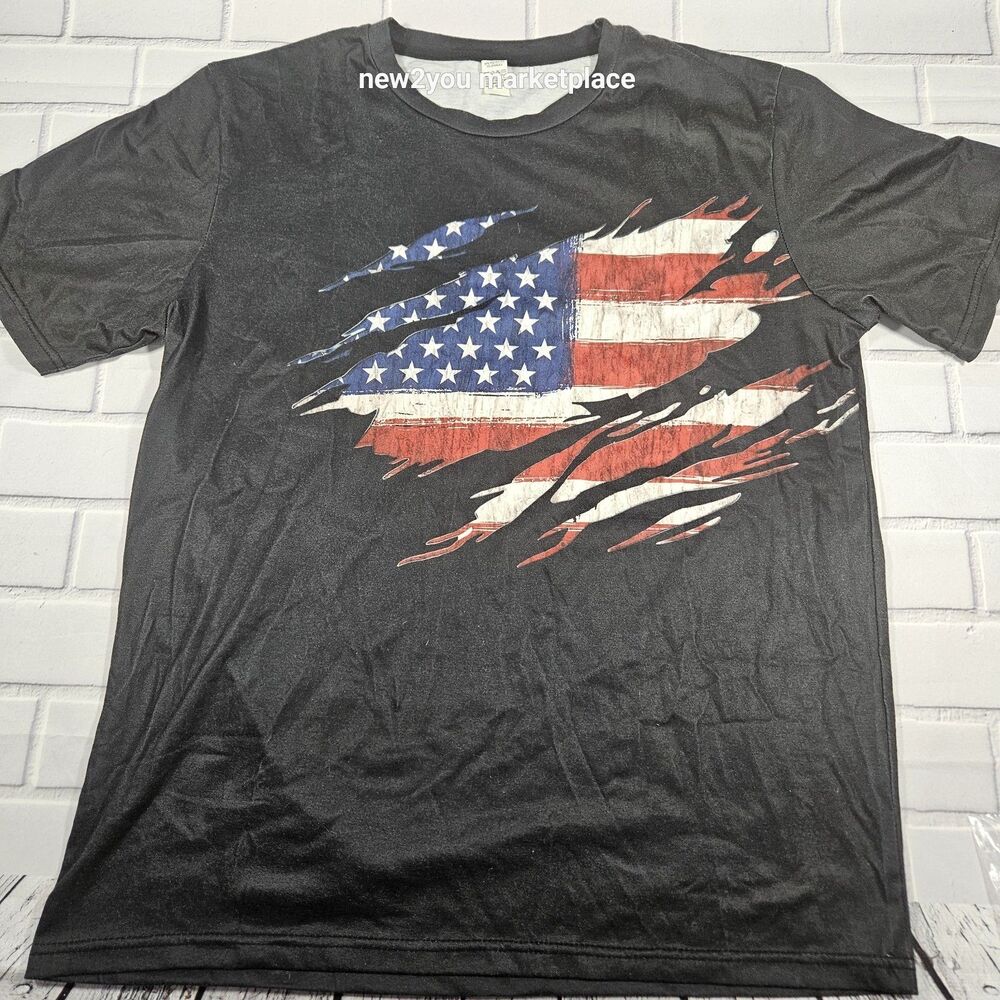 men's medium american flag black tee shirt brand new polyester fabric shirt